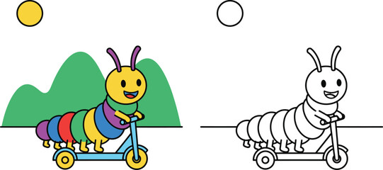 Cute cartoon caterpillar riding scooter