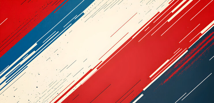 Stylish diagonal striped background in patriotic red, white, and blue, abstract template design perfect for banners, flyers, business cards, or athletic event promotions
