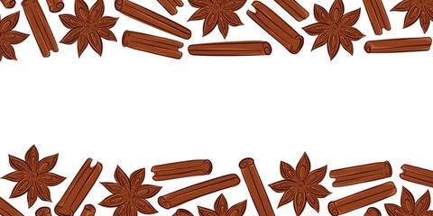 Cinnamon sticks and star anise in flat style decorative frame for packaging, recipe book, menu design and seasonal baking or spice themed design.