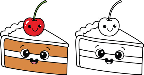 Cute cartoon slice of cake with happy face and cherry topping