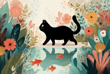 Black cat walks through floral garden reflecting in water