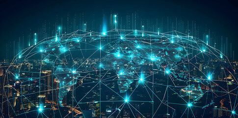 Futuristic abstract design of the world wide web with connected data nodes, glowing technology network symbolizing information sharing, communication, and online innovation