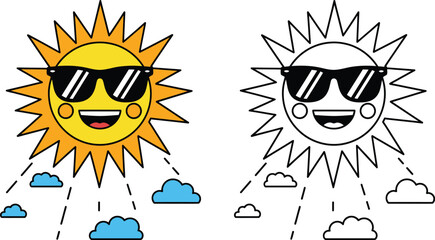 Smiling sun with sunglasses and clouds
