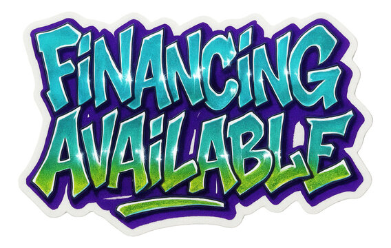 Colorful tag sticker featuring FINANCING AVAILABLE in bold graffiti style, engaging retail promo offer on transparent background.