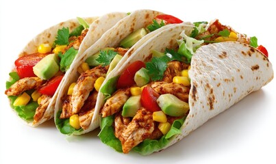 Three tacos, filled with seasoned chicken, corn, avocado, and tomato, on a white background