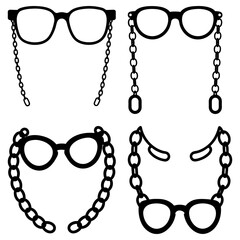 Four different styles of eyeglasses with chains attached to the frames in a vector illustration