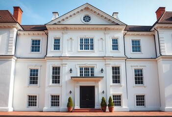 Fototapeta premium Classic white colonial facade, symmetrical windows, gabled roof, beautiful, image