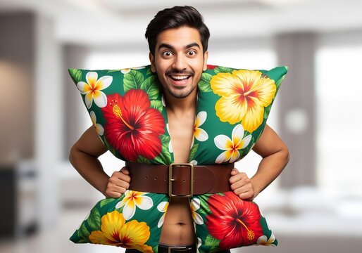 Indian man cheerfully posing in pillow challenge outfit with floral design