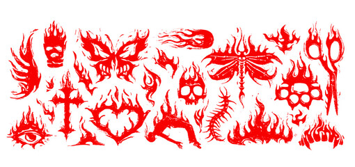 Fiery dark symbols set with skulls, flames, cross, heart and eye, gothic brutalism and grunge punk graphics