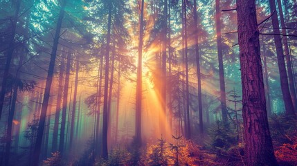 Fototapeta premium Misty forest of towering red-barked trees with sunbeams piercing through ancient canopy, conveying primordial serenity. 