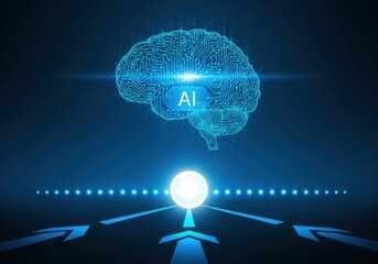 Photo of abstract digital brain symbolizing artificial intelligence and futuristic technology with glowing circuits and data pathways