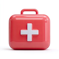 Fototapeta premium A glossy, coral-red first-aid kit with a prominent white cross, isolated on a white background, suggesting medical preparedness