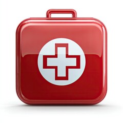 Fototapeta premium Shiny red square first-aid kit with a white cross in a circle on its face, isolated on white