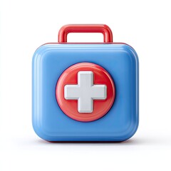 Obraz premium A light blue and red 3D rendered first-aid kit icon, featuring a prominent white cross on a red circle