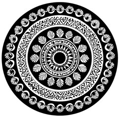 Fototapeta premium Intricate circular mandala pattern with radial leaf and geometric motifs, monochrome ornamental design evoking calm and balance