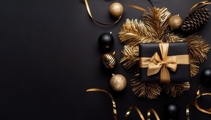 Elegant Christmas composition with black gift box and golden ribbon, festive ornaments, baubles, and sparkling decorations on dark background for holiday celebration.