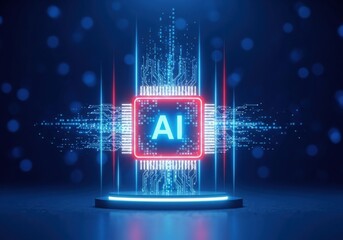 Photo of abstract futuristic ai chip glowing with blue light and digital circuits, symbolizing artificial intelligence and advanced technology on a dark background