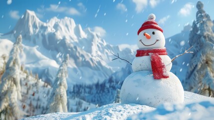 Fototapeta premium Cheerful snowman in a winter wonderland with snow-capped mountains backdrop