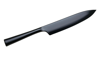 Modern black chef knife with sleek ergonomic handle and sharp blade, dramatic lighting evokes precision and craftsmanship