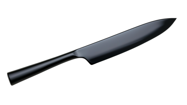 Modern black chef knife with sleek ergonomic handle and sharp blade, dramatic lighting evokes precision and craftsmanship