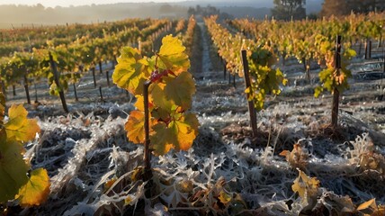 Frozen vineyard in autumn, first frost covering vines and ground