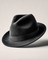 Portrait of a black fedora hat with a gray ribbon accessory, looking elegant, close-up shot in a photo studio with a white background