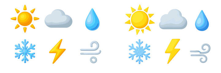 Modern set of weather forecast symbols with sun, cloud, raindrop, snowflake, lightning, and wind elements