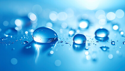 Round water drops with reflections on glossy blue surface. Dramatic side lighting.