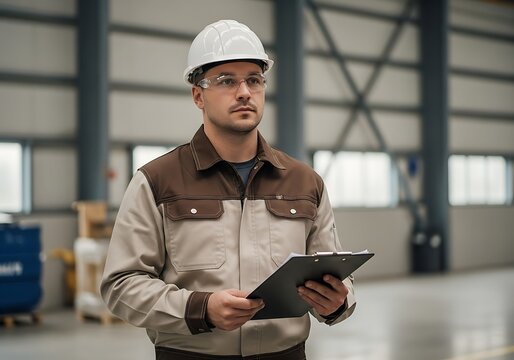 Factory Worker Inspecting Equipment.