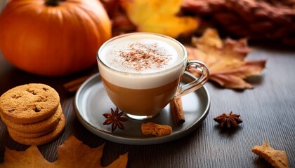 Pumpkin spice latte in glass cup with cinnamon and star anise, served with cookies on wooden table, surrounded by autumn leaves and seasonal pumpkin, cozy fall atmosphere.