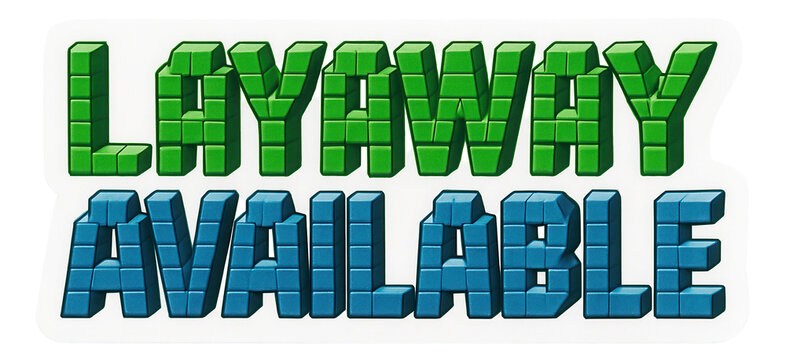 Colorful tag sticker with LAYAWAY AVAILABLE offer in bold, three-dimensional style, engaging retail promotion on transparent background.