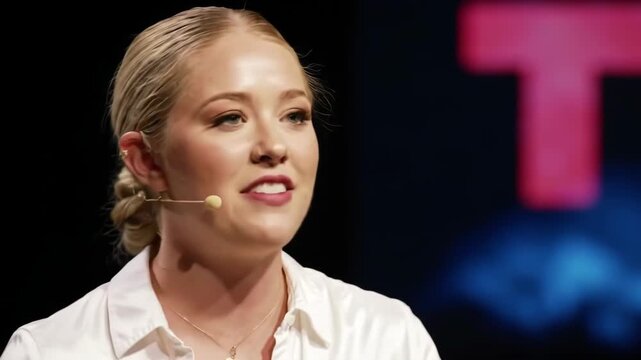 Young adult woman giving presentation. Public speaking on stage with microphone at TED event. Communication and technology concept.