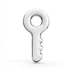 A glossy, white key icon, rendered in 3D, against a pure white backdrop; simple, smooth design, slight shadow