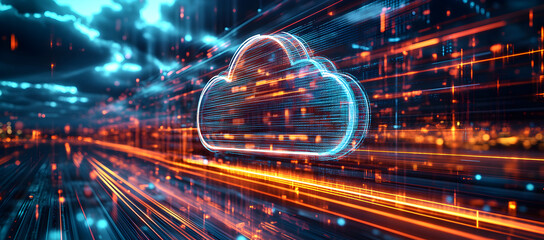 Obraz premium Cloud computing illustration with fast train rushing past skyscrapers in urban city, digital technology concept of speed, big data, innovation, and network connectivity in modern systems