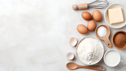Baking essentials kitchen art arrangement and food setup bright photography overhead view culinary tools 81175143 1