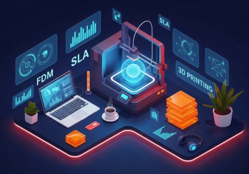 Photo of futuristic 3d printing technology with sla and fdm, showcasing innovation in digital manufacturing, design, and prototyping with data analysis