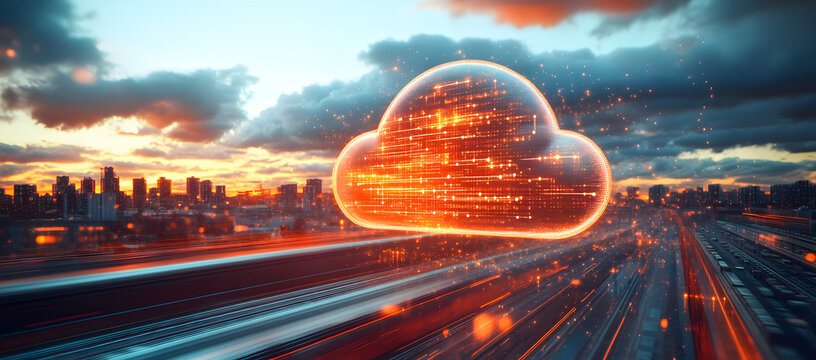 High-speed train moving through modern city background with abstract glowing cloud computing icons, symbolizing fast data transfer, global network, and technological advancement