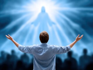 Man with raised arms worships a radiant figure of Jesus in a blue heavenly light, surrounded by a shadowy crowd in awe.