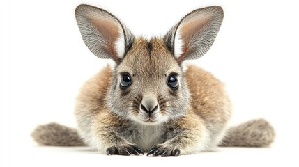 Obraz premium Baby kangaroo peeking from invisible pouch with soft ears and nose detail.