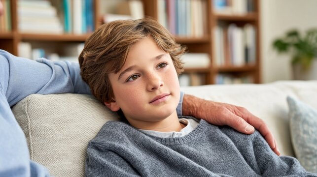 A young boy with freckles sits contemplatively on a couch with an adult's comforting hand on his shoulder, in a cozy home setting.