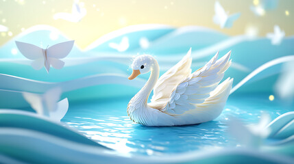 Obraz premium Swan Lake Serenity A Gentle Dance of White Swans and Paper Butterflies in a Calm Blue Water