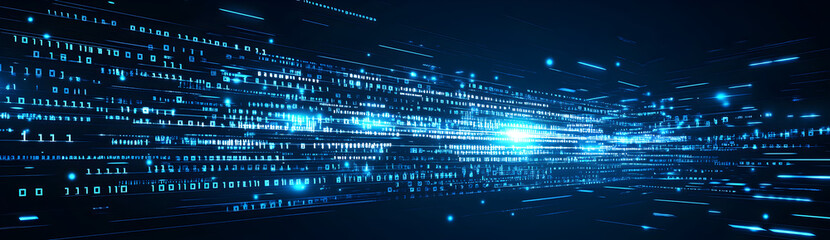 Fototapeta premium Blue futuristic background with data flow represented by horizontal glowing lines and blocks, abstract digital design for business presentation, network transfer, and IT system templates