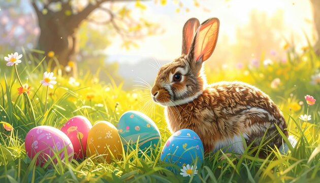 Easter Bunny with Colorful Decorated Eggs in Sunny Meadow with Blooming Flowers and Trees Illustration