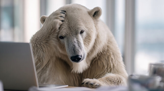 Frustrated Polar Bear at Laptop in Office Setting Concept - Powered by Adobe
