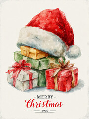 Watercolor Christmas 2025 Gift Boxes with Santa Hat