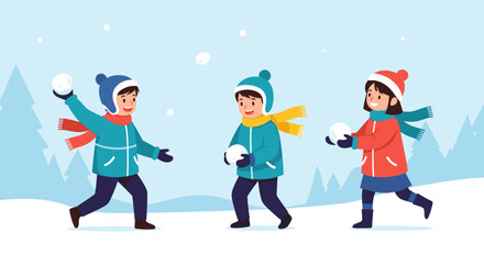 Children Having A Fun Snowball Fight In A Winter Wonderland.