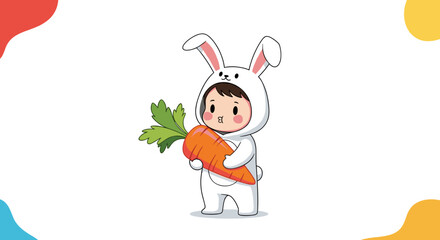 Fototapeta premium Cute baby in bunny costume holding a carrot illustration.
