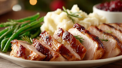 Sliced Roast Turkey with Green Beans and Mashed Potatoes