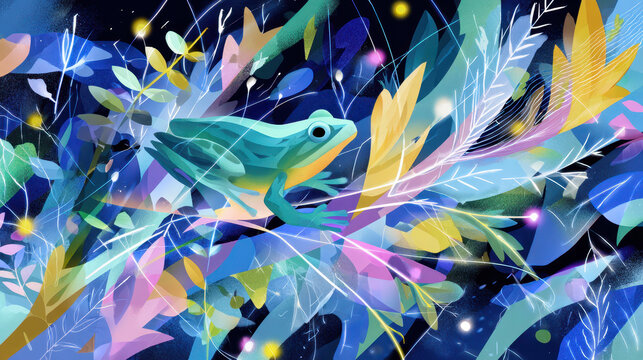 Vibrant illustration of a frog perched among colorful abstract foliage against a dark background with sparkling lights