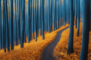 Golden autumn leaves blanket a winding trail through a tranquil forest setting